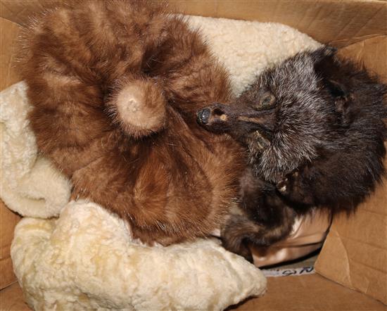 A white beaver lamb coat, fox tail and 2 hats